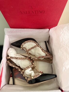 Valentino Garavani Black Patent Leather Pumps with Nude Studded Straps 100mm